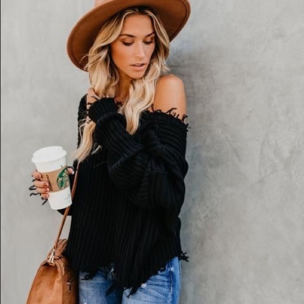 Boho Ripped frayed distressed v neck sweater TAN - Picture 3 of 10